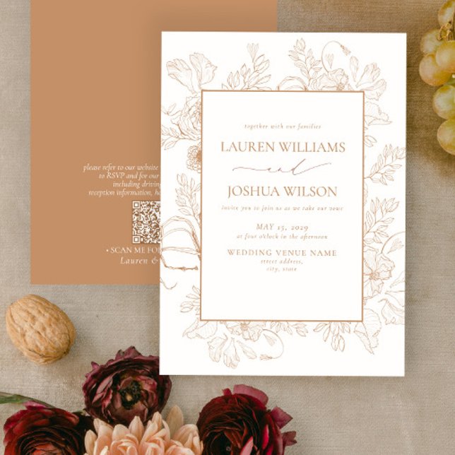 QR Code Elegant Terracotta Floral Line Art Wedding Invitation (Creator Uploaded)