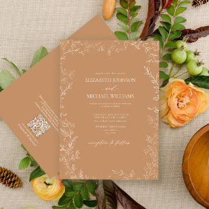 QR Code Elegant Terracotta Minimal Leaf Wedding Invitation