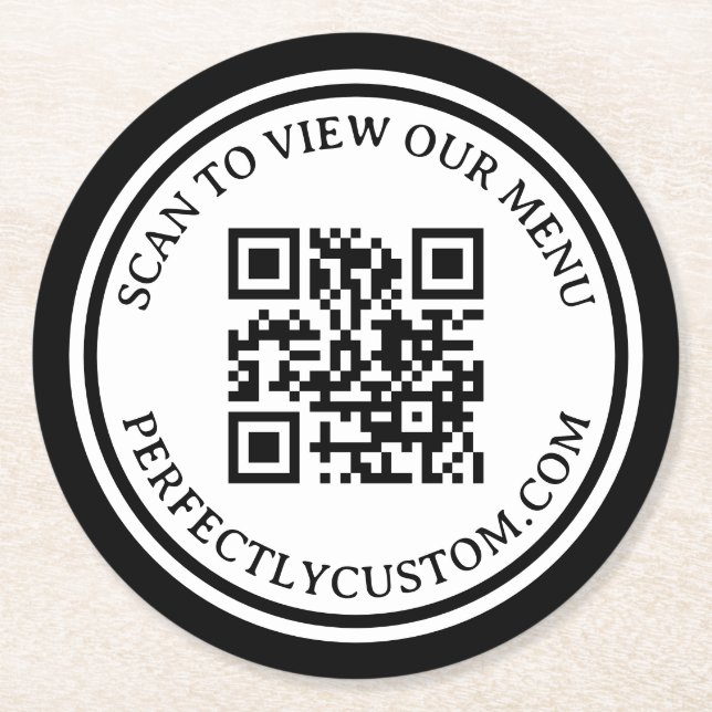 QR code elegant text view menu black double border Round Paper Coaster (Front)