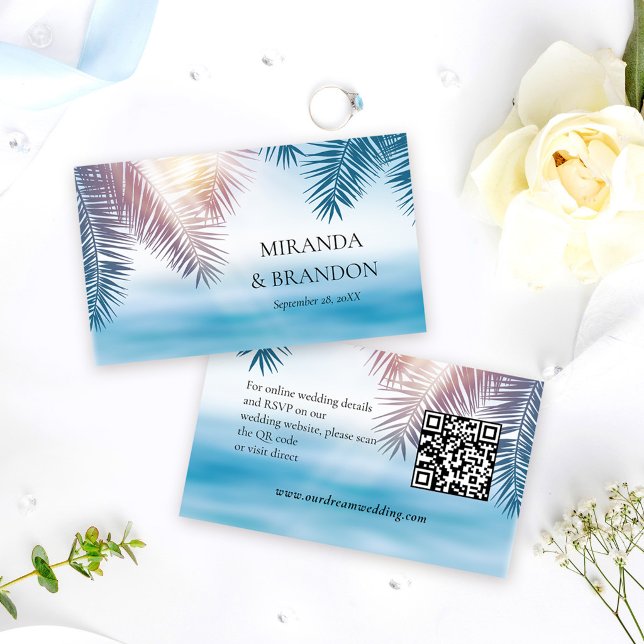 QR Code Elegant Tropical Palm Ocean Beach Wedding Enclosure Card (Creator Uploaded)