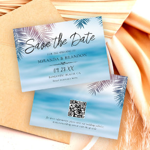 QR Code Elegant Tropical Palm Ocean Beach Wedding Save The Date