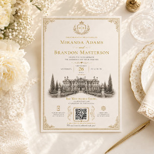 QR Code Elegant Vintage Old Money Wedding Invitation