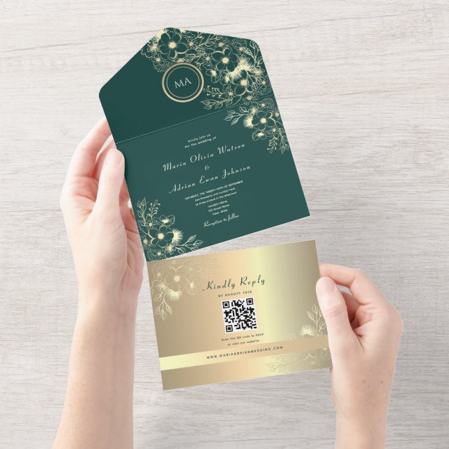 QR Code Emerald Gold Floral Wedding All In One Invitation (Tearaway)
