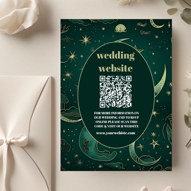qr code Emerald Green Gold Celestial  Wedding Enclosure Card (Creator Uploaded)