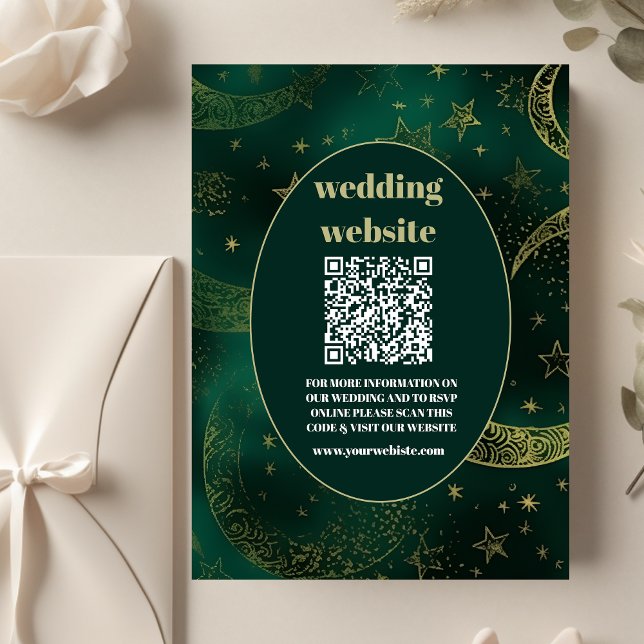 qr code Emerald Green Gold Celestial  Wedding Enclosure Card (Creator Uploaded)