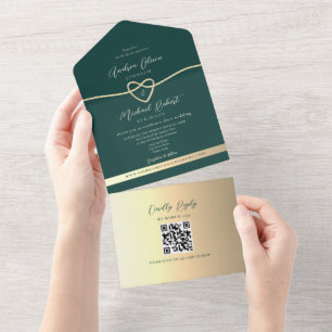 QR Code Emerald Green Gold Wedding All In One Invitation