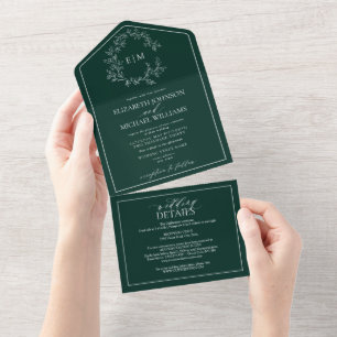 QR Code Emerald Green Leafy Crest Monogram All In One Invitation