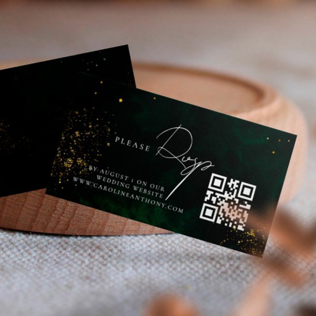 Qr Code Emerald Green Magic Gold Wedding RVSP Enclosure Card (Creator Uploaded)