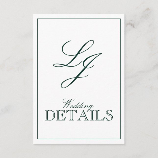 QR Code Emerald Green Monogram Wedding Details Enclosure Card (Front)