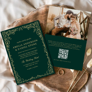 QR Code Emerald Green Photo Minimalist Wedding Invitation