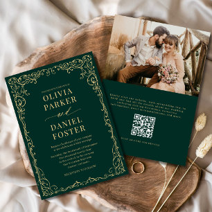QR Code Emerald Green Photo Minimalist Wedding Invitation