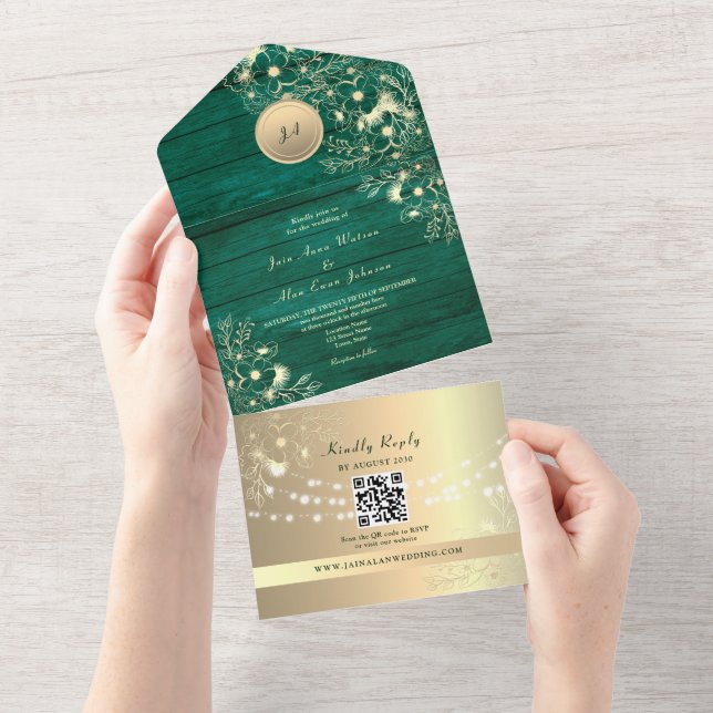 QR Code Emerald Rustic Gold Lights Wedding All In One Invitation (Tearaway)