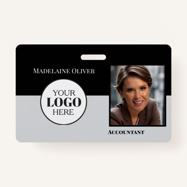 QR Code Employee ID Black Grey Logo Photo ID Badge (Front)