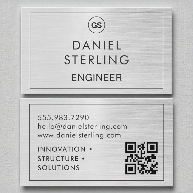 QR Code Engineer Brushed Silver Monogram  Business Card (Creator Uploaded)