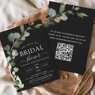 QR Code Eucalyptus Black Modern Bridal Shower  Invitation