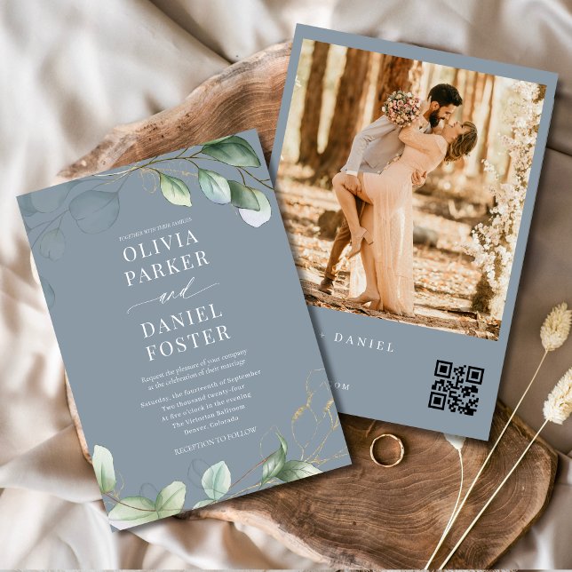 QR Code Eucalyptus Dusty Blue Photo Wedding Invitation (Creator Uploaded)