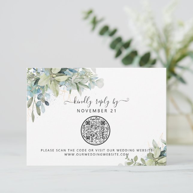QR Code Eucalyptus Greenery Wedding RSVP Card (Standing Front)