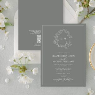 QR Code Eucalyptus Leafy Crest Monogram Wedding Invitation
