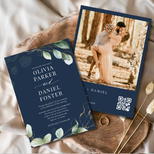 QR Code Eucalyptus Navy Blue Photo Wedding Invitation