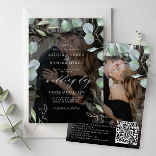 QR CODE eucalyptus photo overlay black wedding Invitation