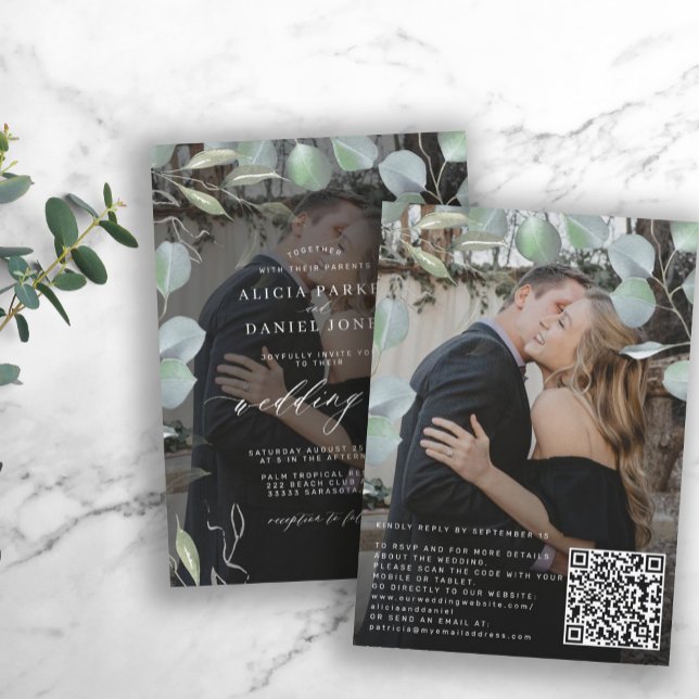 QR CODE eucalyptus photo overlay black wedding Invitation (Creator Uploaded)