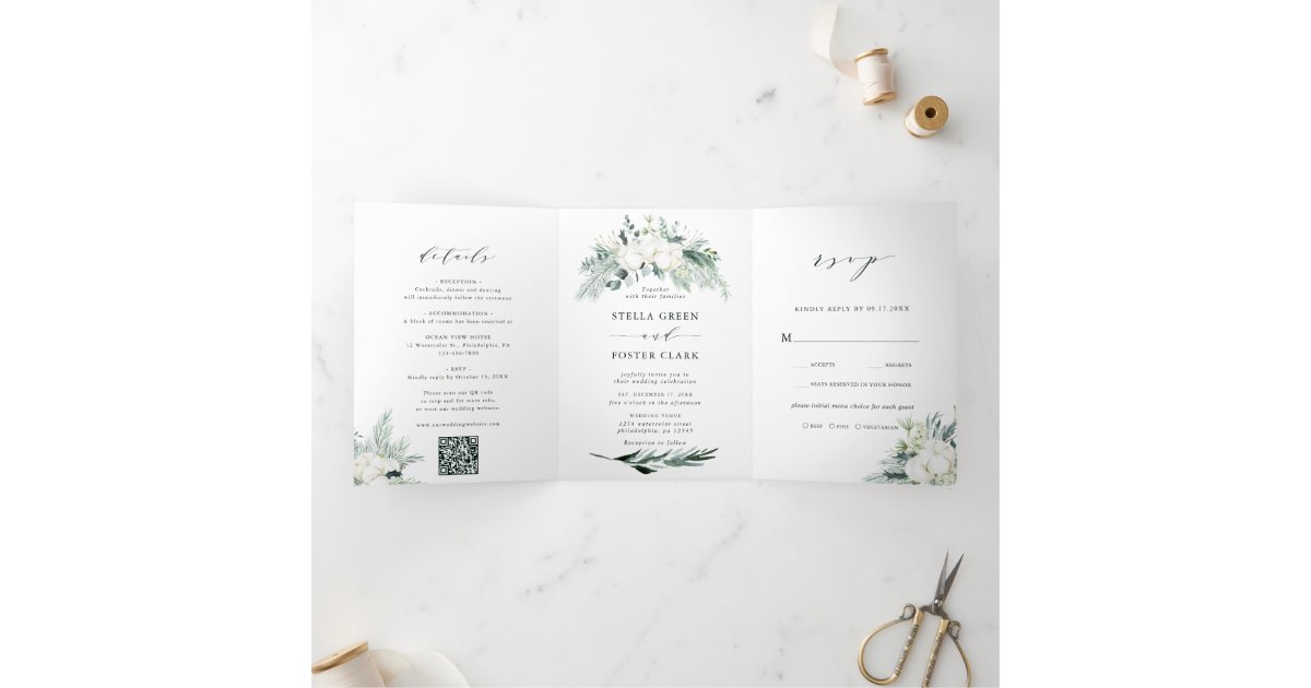 QR Code Evergreen & Cotton Flower Bouquet Wedding TriFold Invitation Zazzle