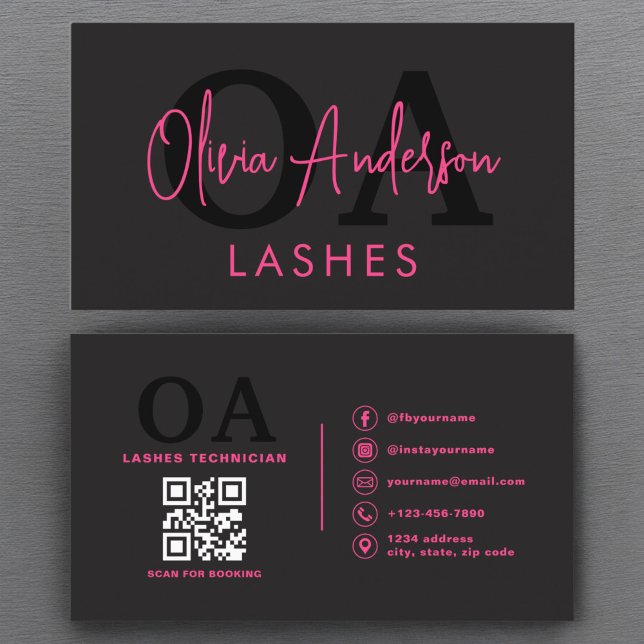 QR Code Eye Lashes Technician Hot Pink Black Business Card (Creator Uploaded)