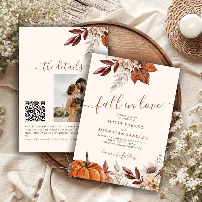 QR code Fall in Love botanical pumpkin wedding Invitation (Creator Uploaded)
