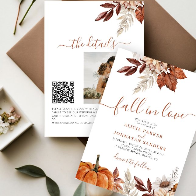 QR code Fall in Love botanical pumpkin wedding Invitation (Creator Uploaded)