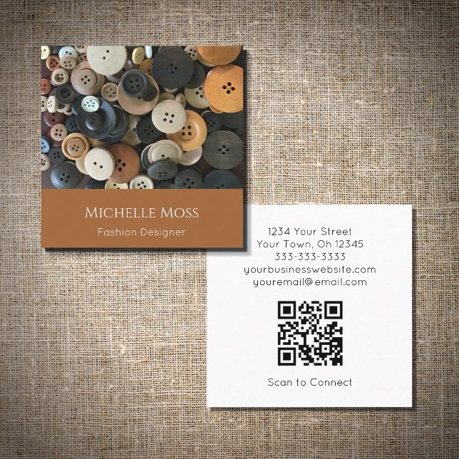 QR code Fashion Designer Sewing Buttons Terracotta Square Business Card (Creator Uploaded)