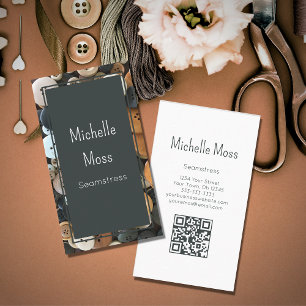 QR code Fashion Seamstress Buttons Classic Grey Business Card