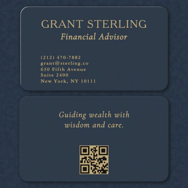 QR Code Financial Advisor Minimal Navy Blue Gold  Business Card (Creator Uploaded)