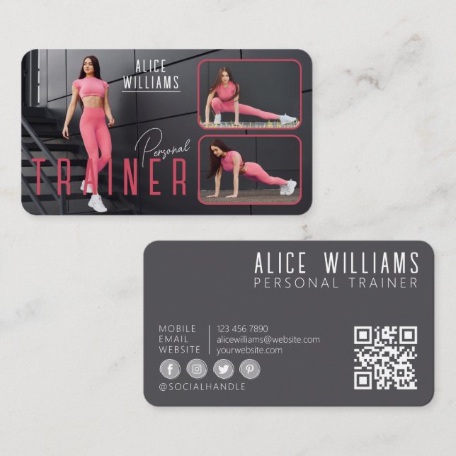 QR Code Fitness Pink & Grey Personal Trainer Photo Business Card (Front/Back)