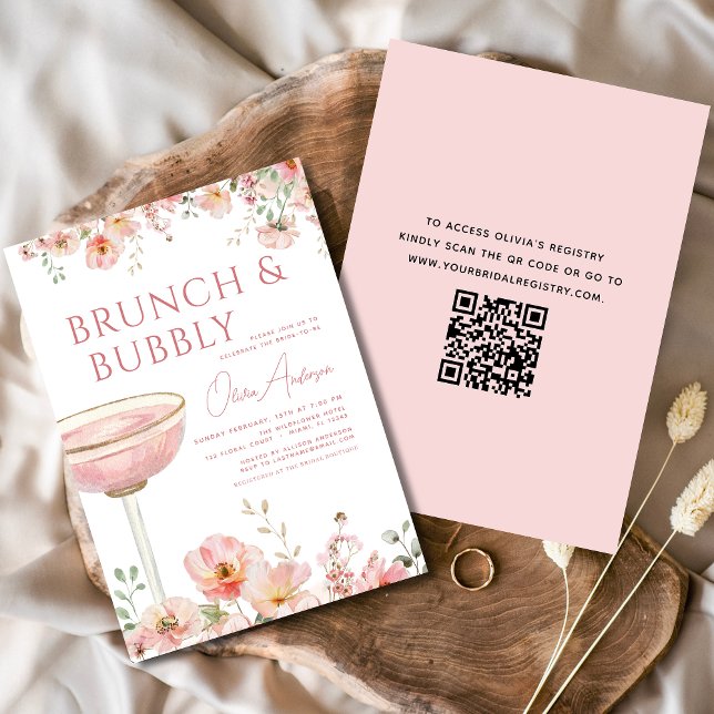 QR Code Floral Brunch and Bubbly Bridal Shower Invitation (Creator Uploaded)