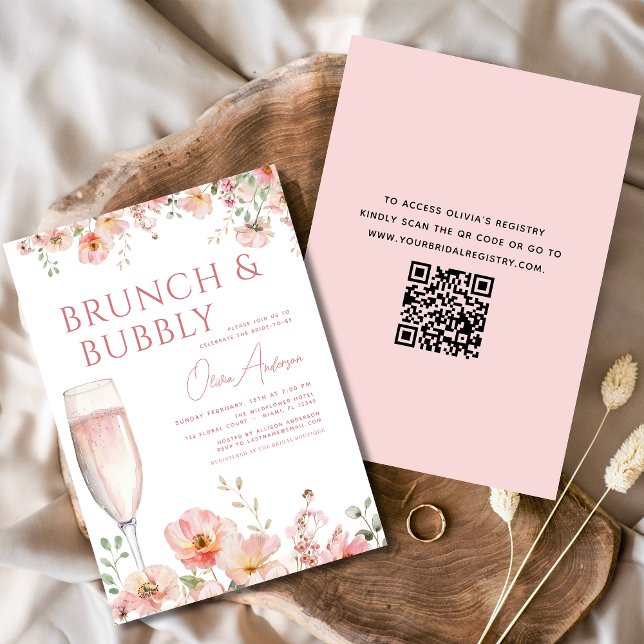 QR Code Floral Brunch and Bubbly Bridal Shower Invitation (Creator Uploaded)