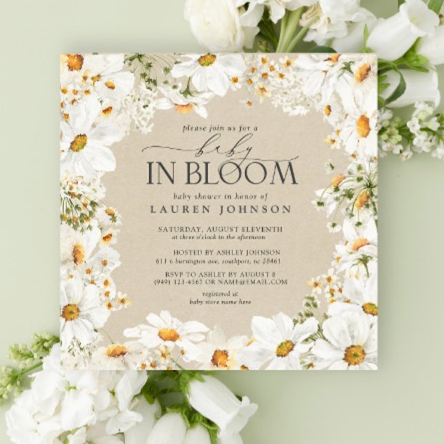 QR Code Floral Daisy Baby in Bloom Rustic Shower Invitation (Baby Shower Invitation)