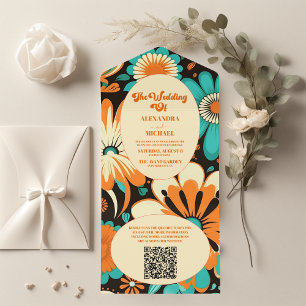 QR Code Floral Groovy Retro Wedding All In One Invitation