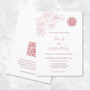 QR Code   Floral  Pink Chinese American Wedding Invitation
