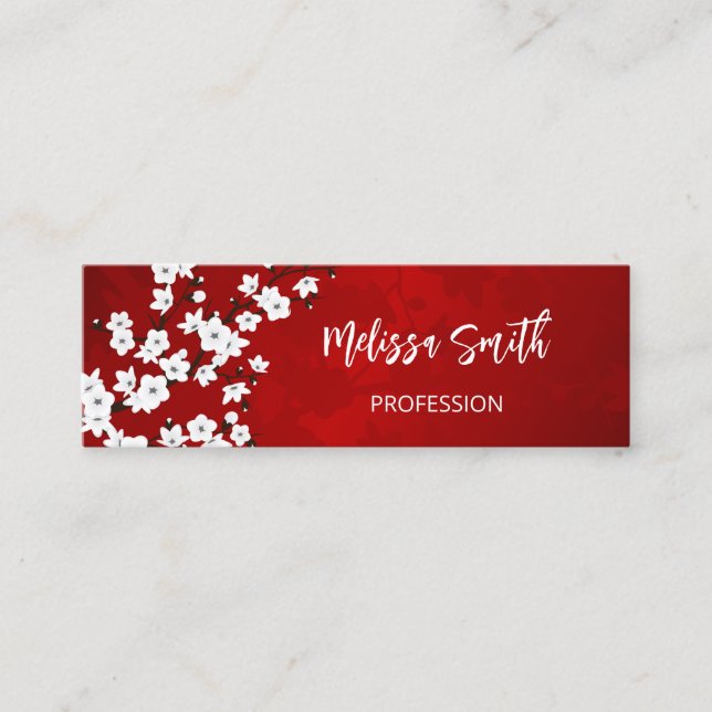 QR Code Floral Red White Cherry Blossom Mini Business Card (Front)