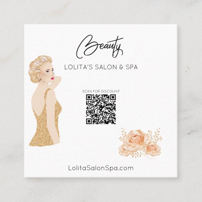 *~* QR code Floral Spa Beauty Salon Woman Glam AP5 Square Business Card (Front)