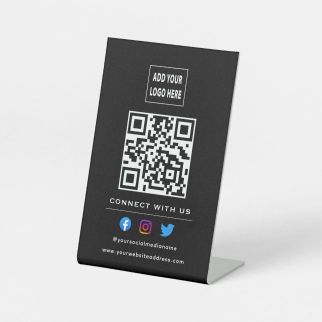 QR Code Follow Scan To Connect With Us Black White Pedestal Sign (Front)