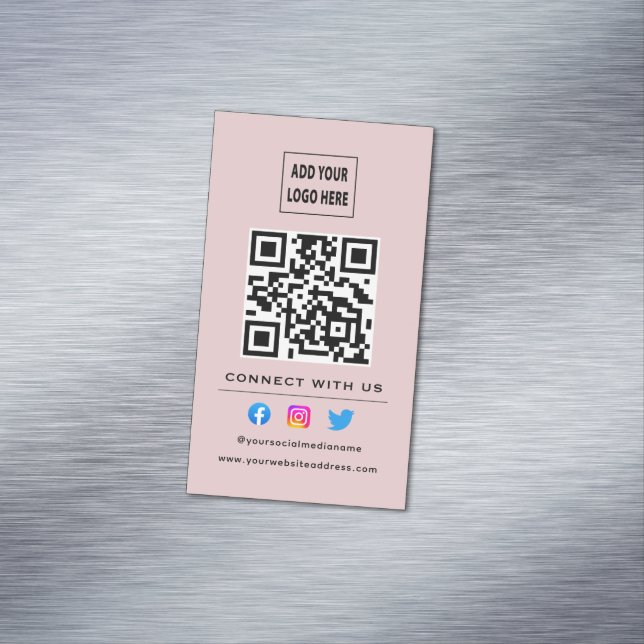 QR Code Follow Scan To Connect With Us Blush Pink Magnetic Business Card (In Situ)