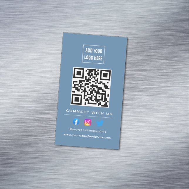 QR Code Follow Scan To Connect With Us Dusty Blue Magnetic Business Card (In Situ)