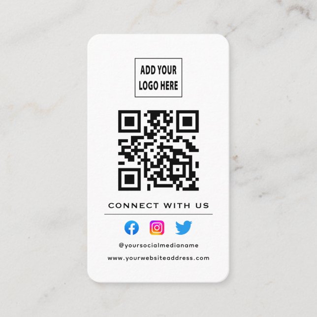 QR Code Follow Scan To Connect With Us White Black Business Card (Front)