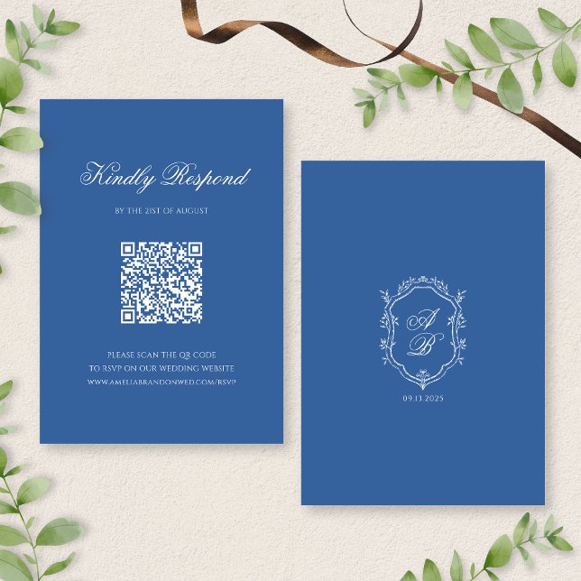 QR Code Formal Blue Monogram Crest Script Wedding RSVP Card (Creator Uploaded)