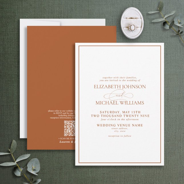 QR Code Formal Burnt Orange Classic Script Wedding Invitation (Creator Uploaded)