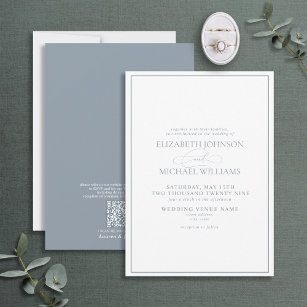QR Code Formal Dusty Blue Classic Script Wedding Invitation