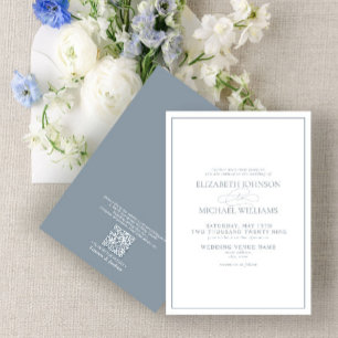 QR Code Formal Dusty Blue Classic Script Wedding Invitation
