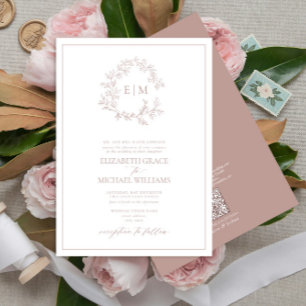 QR Code Formal Dusty Rose Leafy Crest Monogram Invitation