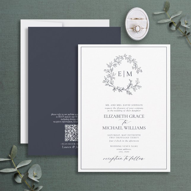 QR Code Formal Navy Blue Leafy Crest Monogram Invitation (Creator Uploaded)
